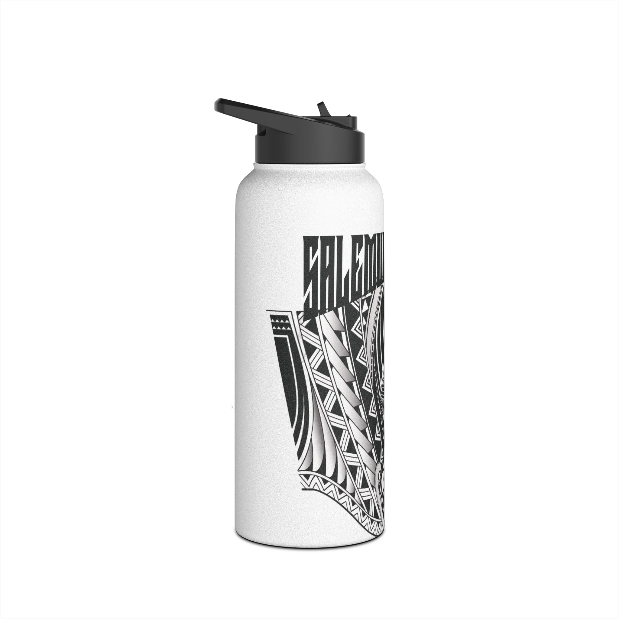 Polynesian Tribal Surf Stainless Steel Water Bottle — 'LEMUIKAHE' Black Tattoo Design