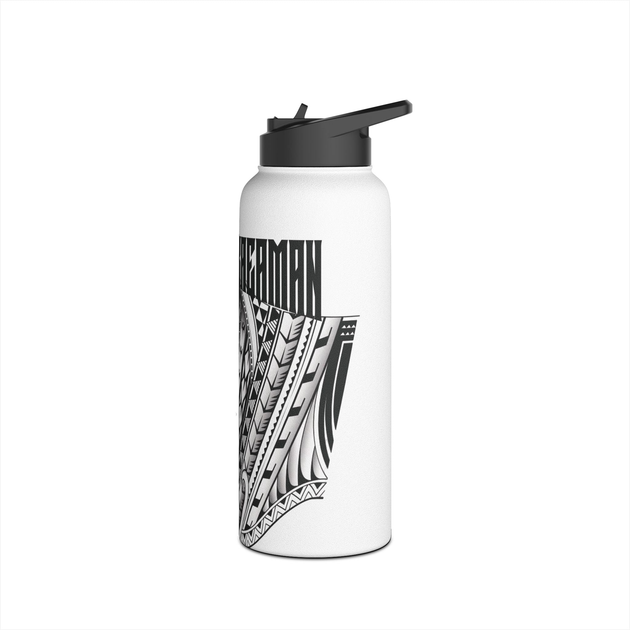 Polynesian Tribal Surf Stainless Steel Water Bottle — 'LEMUIKAHE' Black Tattoo Design
