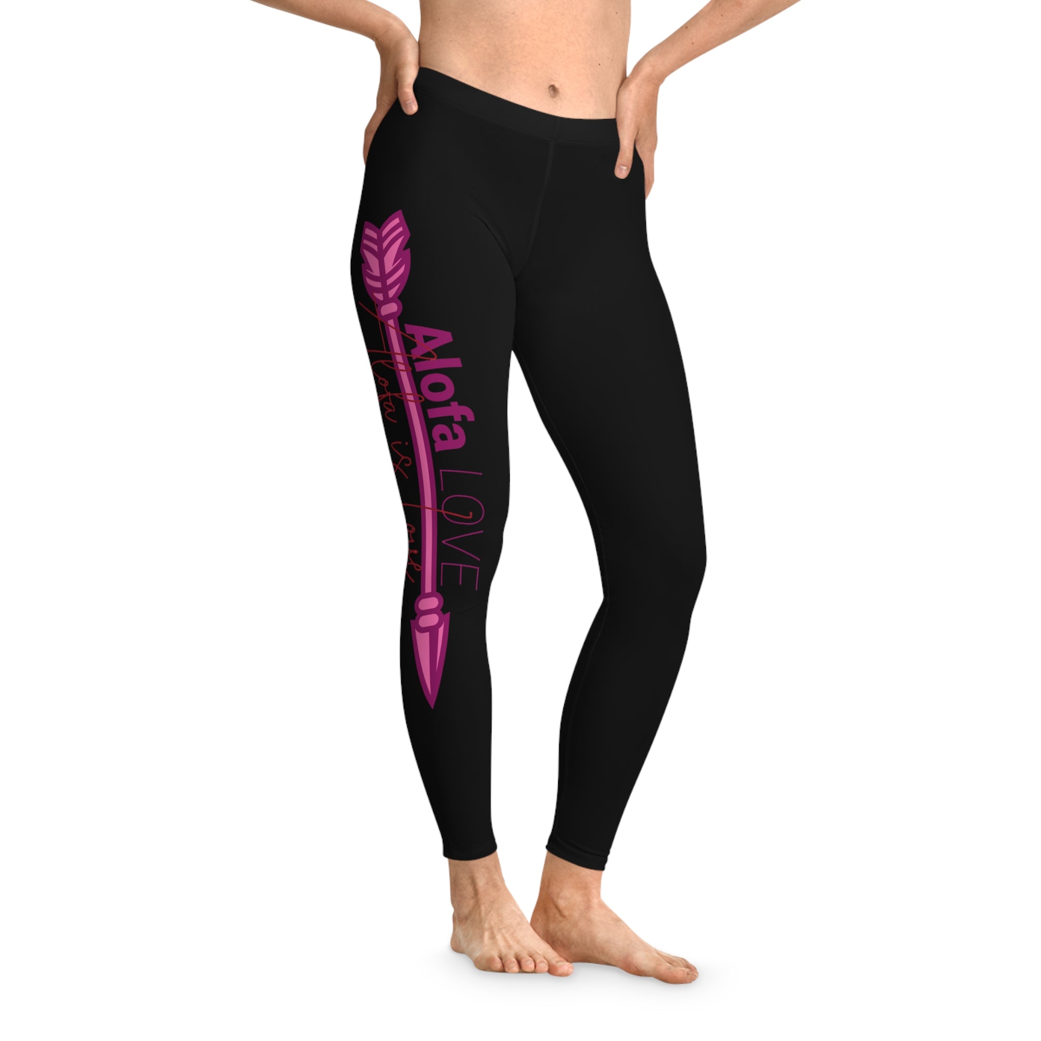 Alofa Love Black Leggings — Pink Script Side-Print Stretch Yoga Leggings