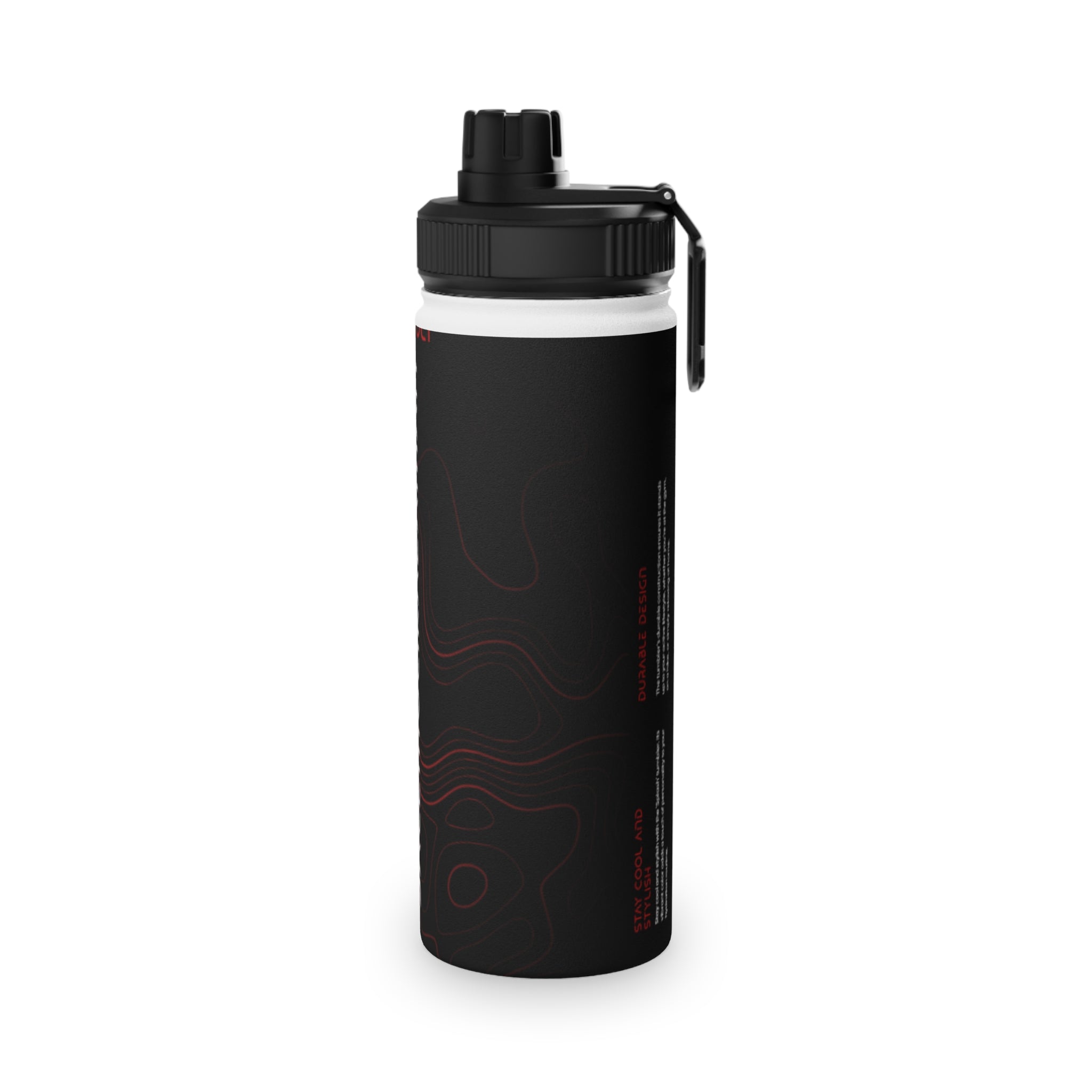 Stainless Steel Sports Water Bottle – Black Topographic Design (Hydrate)