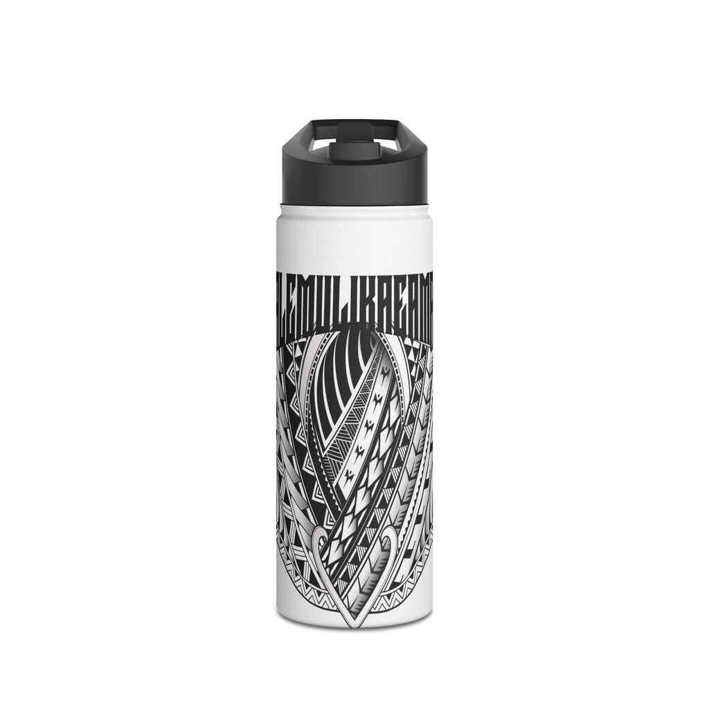 Polynesian Tribal Surf Stainless Steel Water Bottle — 'LEMUIKAHE' Black Tattoo Design