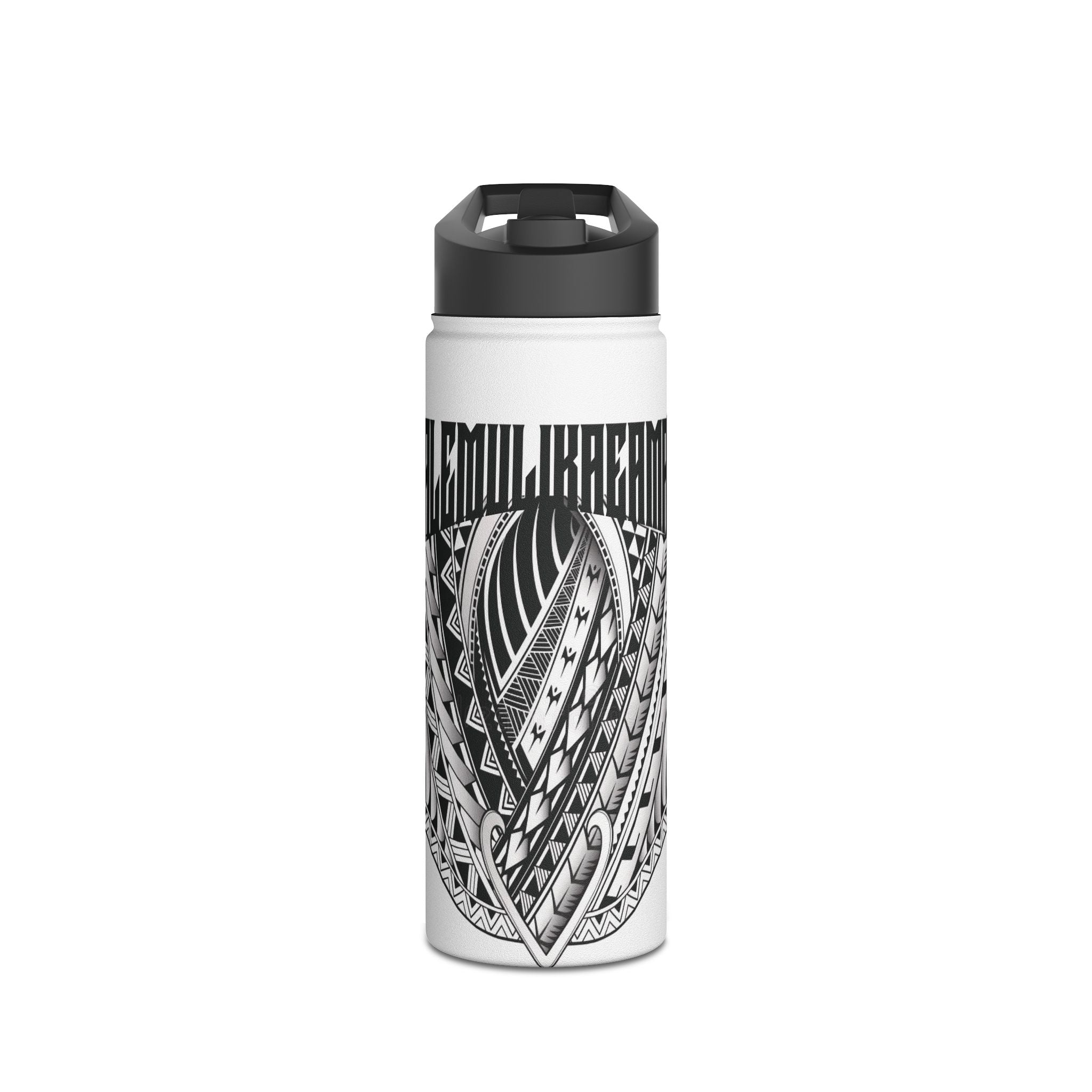 Polynesian Tribal Surf Stainless Steel Water Bottle — 'LEMUIKAHE' Black Tattoo Design
