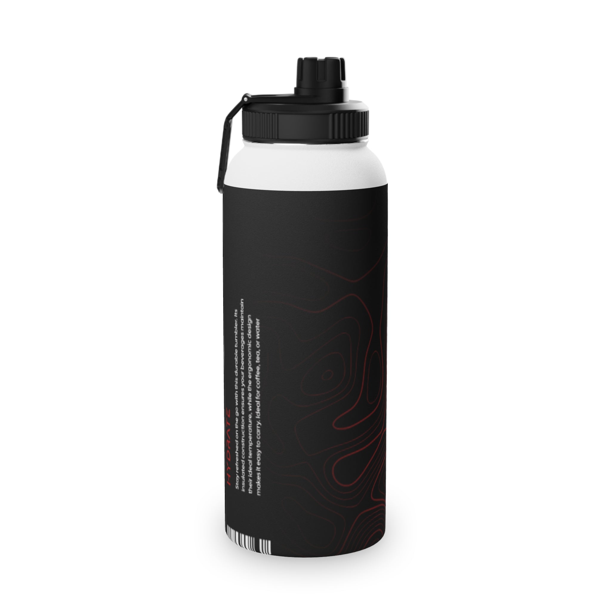 Stainless Steel Sports Water Bottle – Black Topographic Design (Hydrate)
