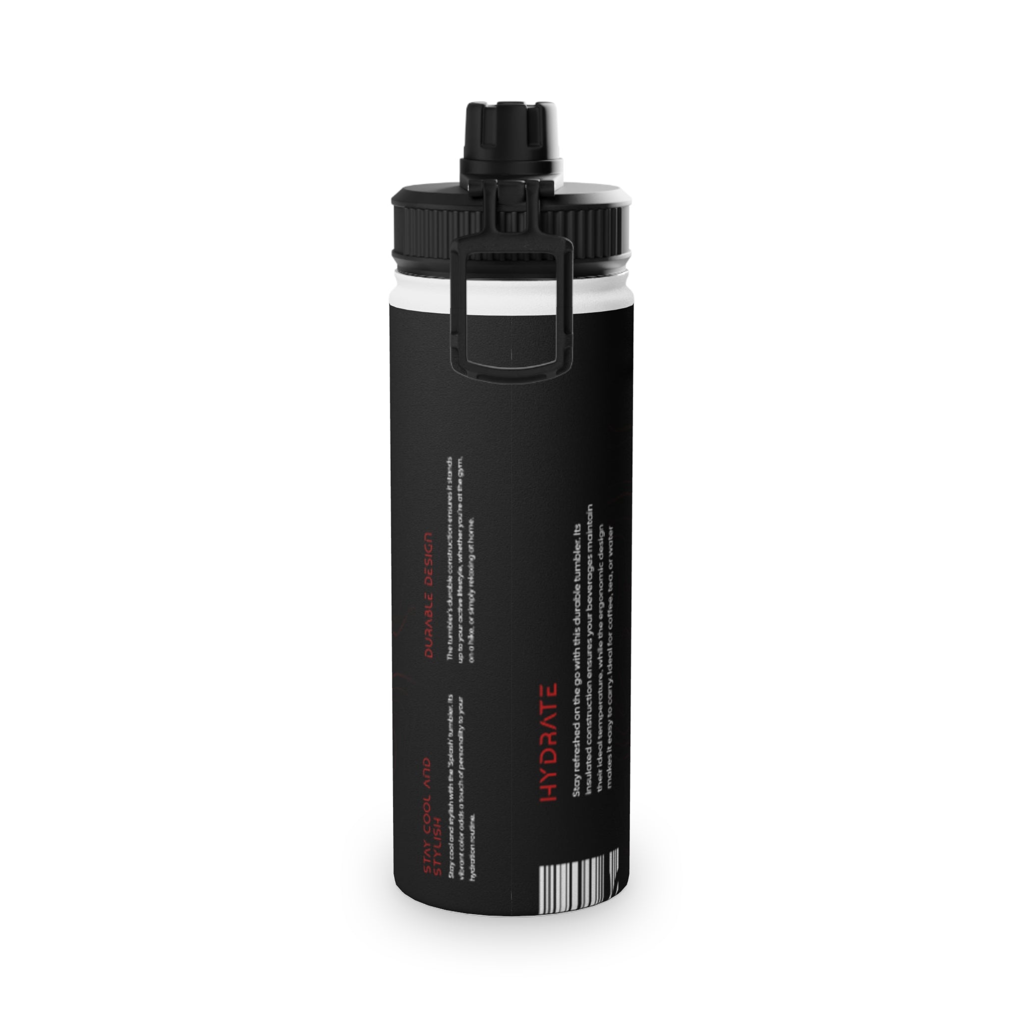Stainless Steel Sports Water Bottle – Black Topographic Design (Hydrate)
