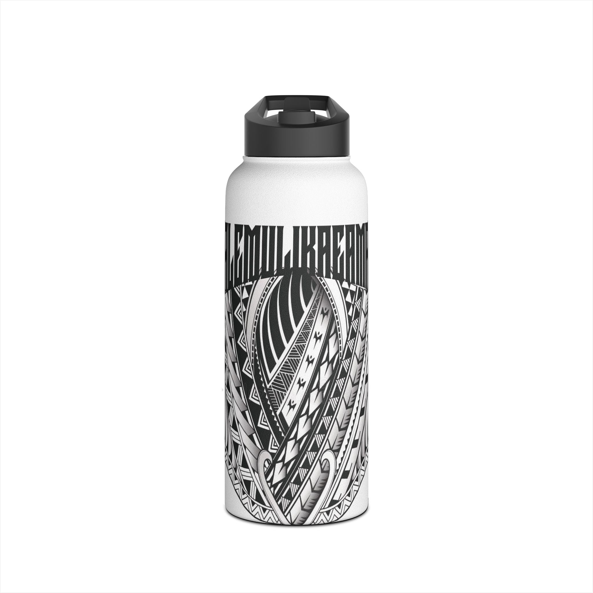 Polynesian Tribal Surf Stainless Steel Water Bottle — 'LEMUIKAHE' Black Tattoo Design